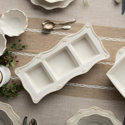 Heritage Ivory 3-Section Stoneware Relish Tray – Elegant 15” x 7” Divided Server for Condiments, Dips & Appetizers – Vintage-Inspired Entertaining Piece with Sculpted Detail