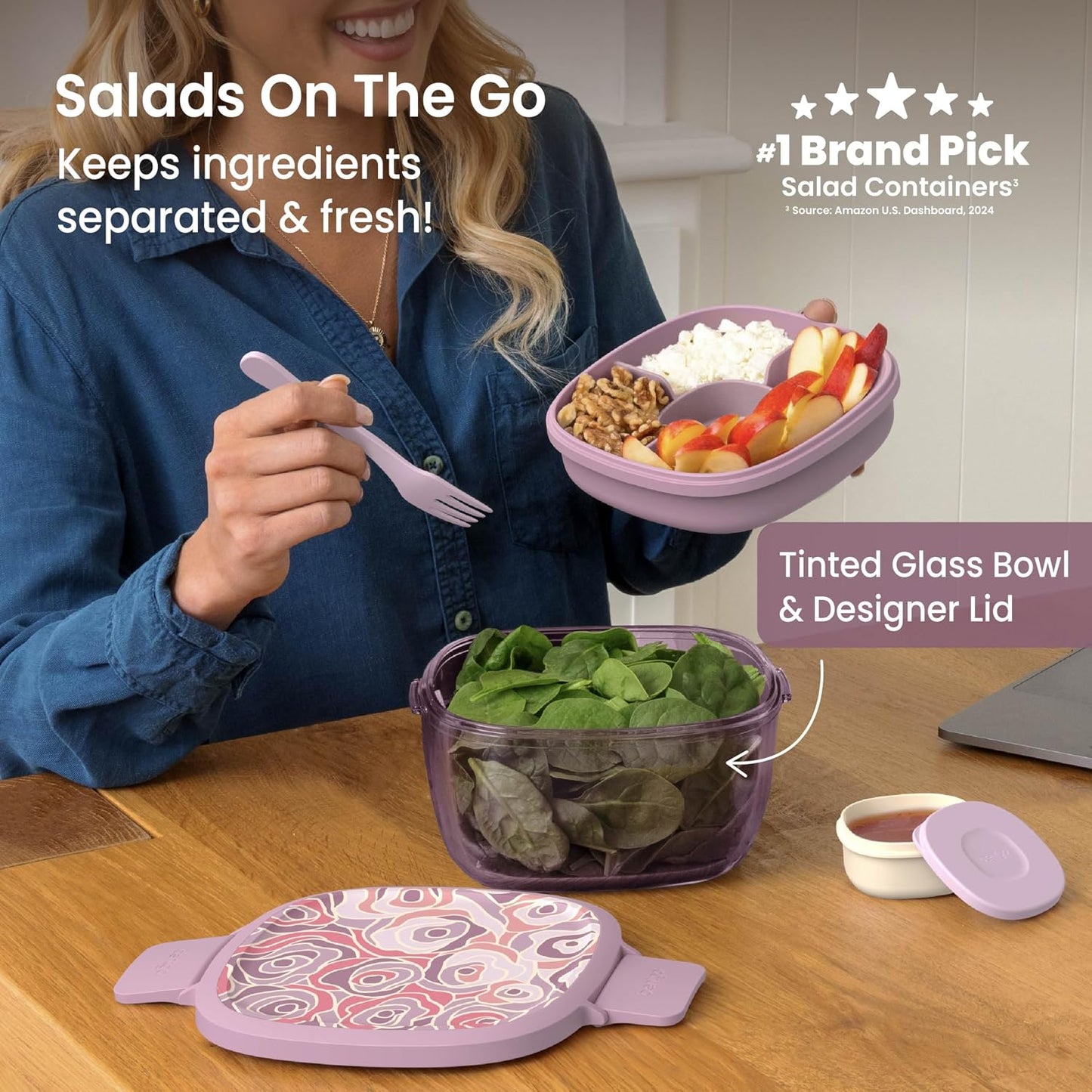 Bentgo Glass Salad Container - 7.6-Cup Salad Bowl with Airtight Lid, Leak-Proof Sauce Container, 4-Compartment Bento Tray & Reusable Fork - BPA-Free for Meal Prep, Office & More (Light Blue)