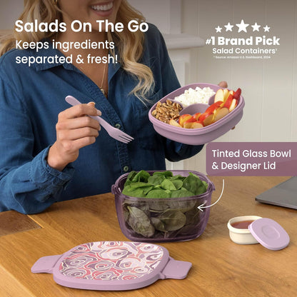 Bentgo Glass Salad Container - 7.6-Cup Salad Bowl with Airtight Lid, Leak-Proof Sauce Container, 4-Compartment Bento Tray & Reusable Fork - BPA-Free for Meal Prep, Office & More (Light Blue)