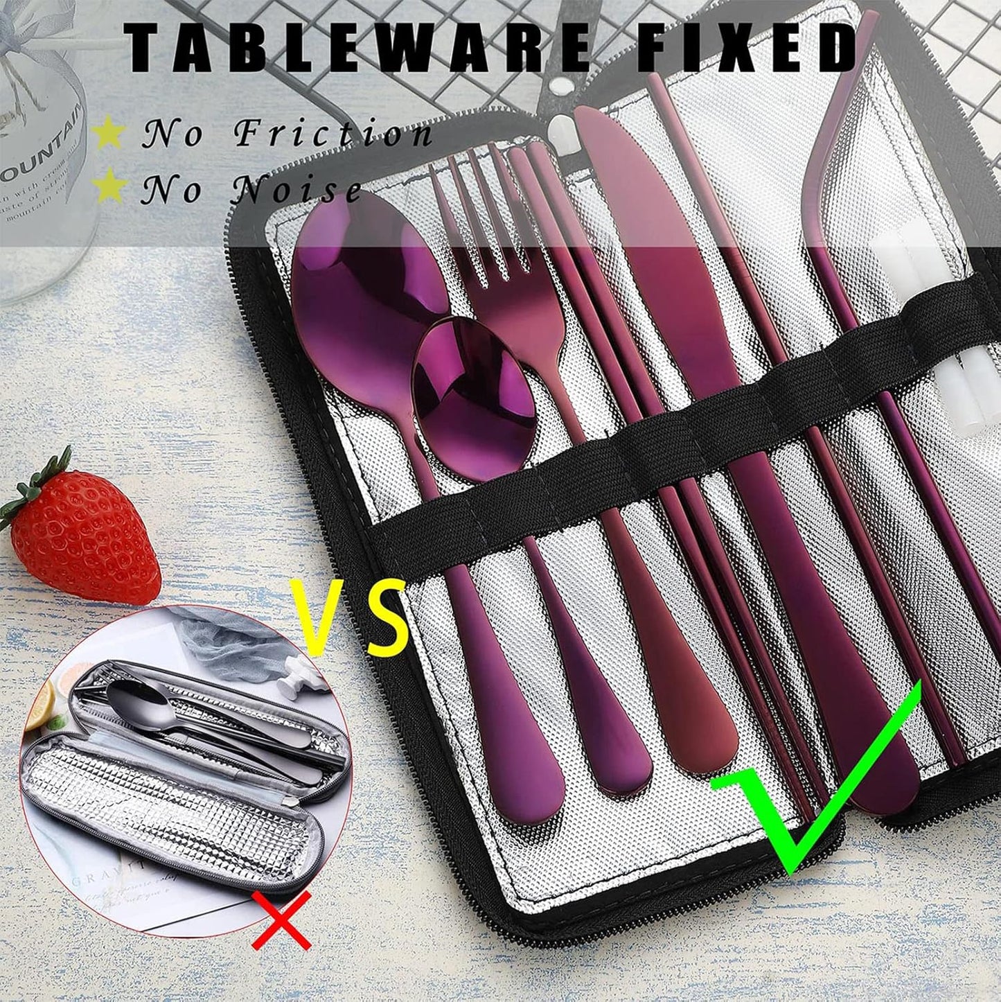 VANDBAO Camping Utensils Set, Portable Travel Utensils with Case for Fixing Tableware, Reusable Stainless Steel Stable Cutlery Set, Lunch Picnic Flatware Silverware (Rainbow Set)