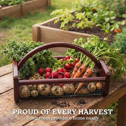 HOMESTEAD Garden Hod Harvest, Durable Acacia Wood Frame with Rotating Handle Basket, Farmhouse Basket for Home Improvement, Gardening, Farm, Kitchen, Indoor Outdoor Use, Natural Color