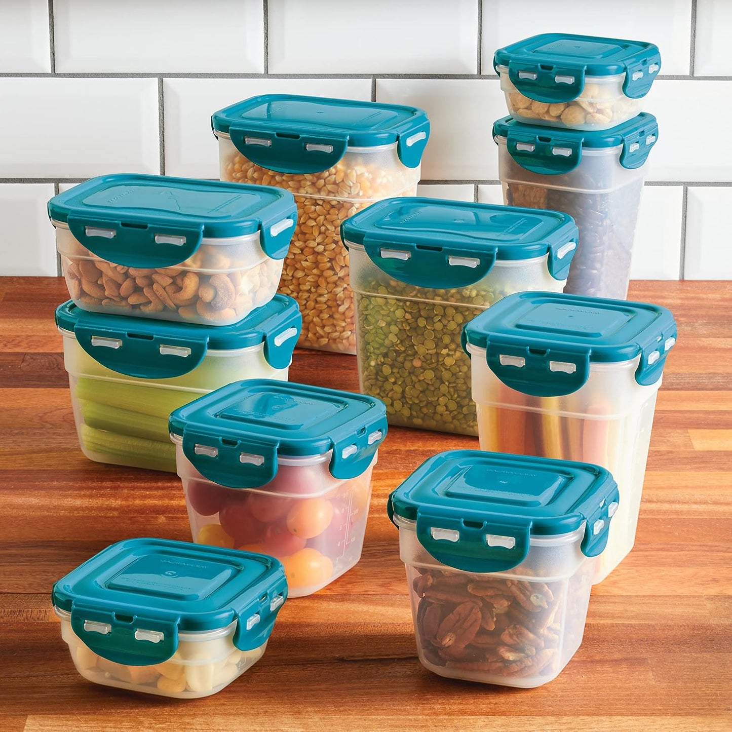 Rachael Ray Leak-Proof Nestable Container Food Storage Bin Set, 10-Piece, Clear with Teal Lids