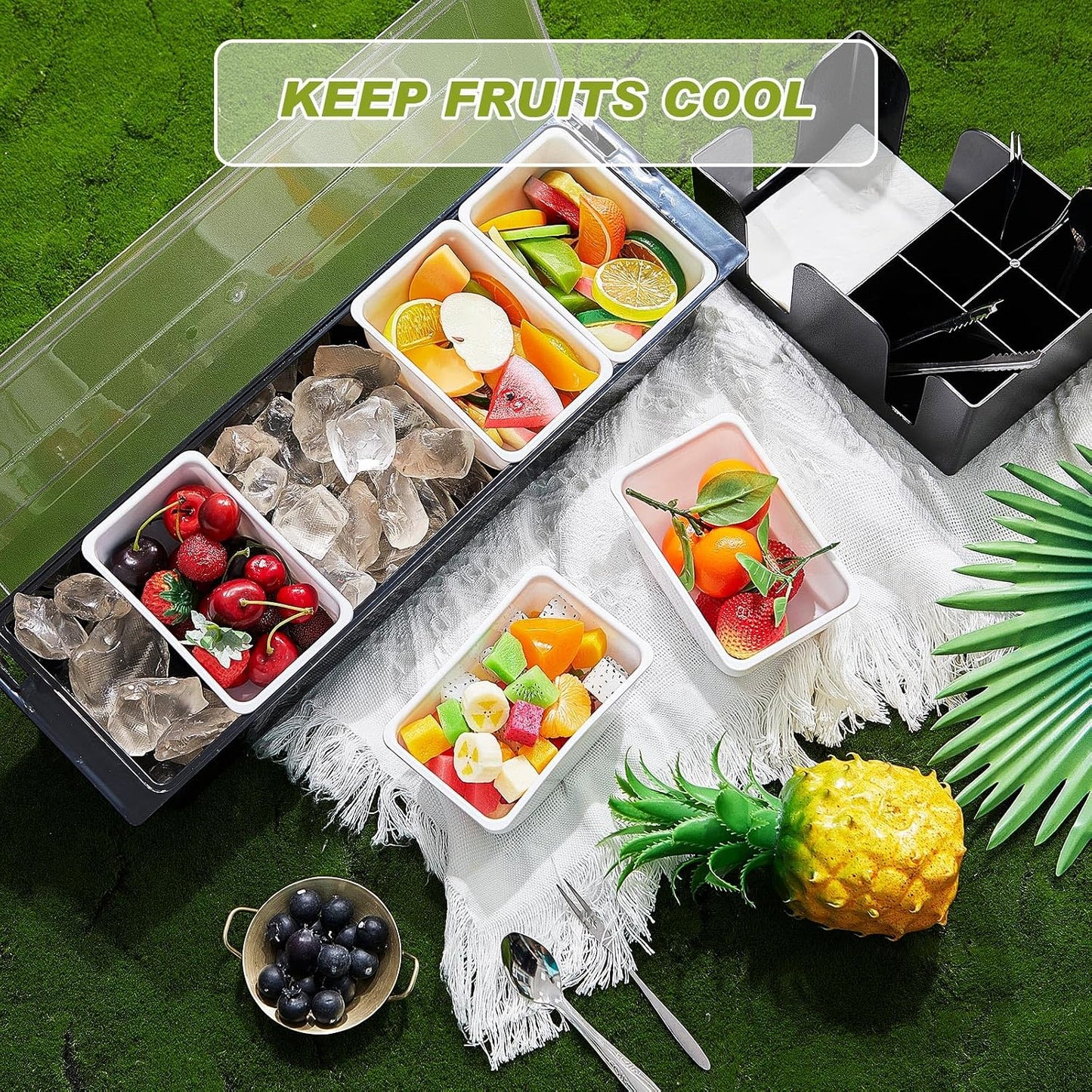 Tessco for you Garnish Tray with Lid Bar Caddy Ice Cooled Condiment Serving Container with Ice Scoop Metal Mini Serving Tongs Fruit Fork Spoons for Food Home Party Kitchen(Plastic,6 Grids)