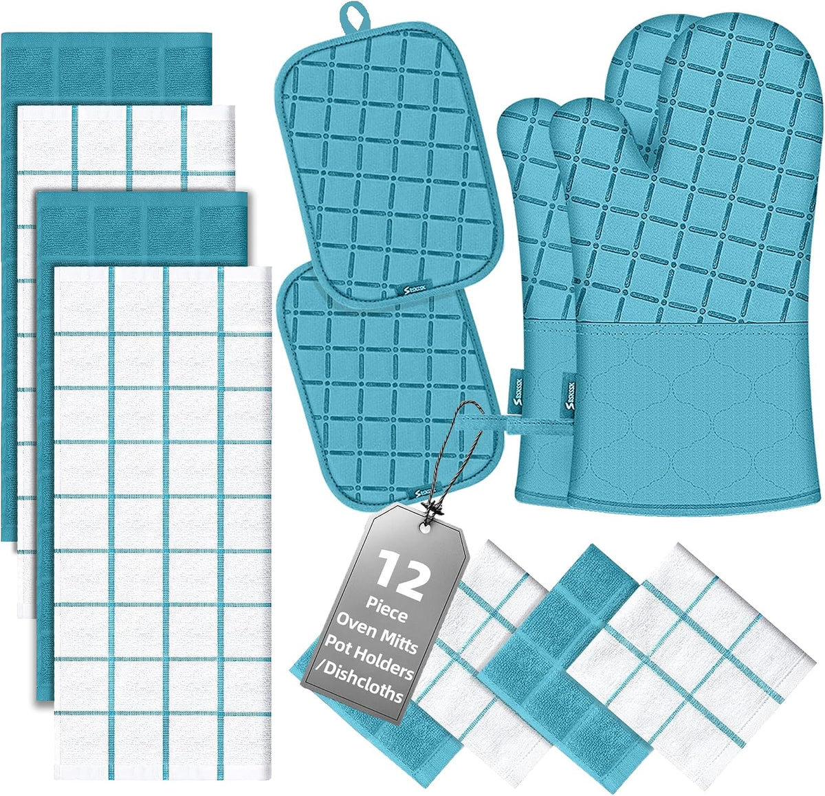 Oven Mitts Kitchen Towels and Dishcloths Pot Holders Sets, Oven Gloves Kitchen Dish Towels 500 Degree Heat Resistant Potholders with Non-Slip Silicone Surface for Cooking, Grilling, Baking-Gray