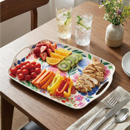 TP Large Serving Trays with Handles, 19" x 12" Melamine Serving Platters for Food, Turkey, Set of 2 Rectangular Trays for Party, Pure White
