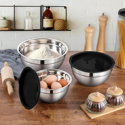 LIANYU Mixing Bowls with Airtight Lids Sets, 3 Packs Stainless Steel Metal Mixing Bowls, Ideal for Prepping, Cooking, Storage, Serving, Freezer & Dishwasher Safe, Khaki
