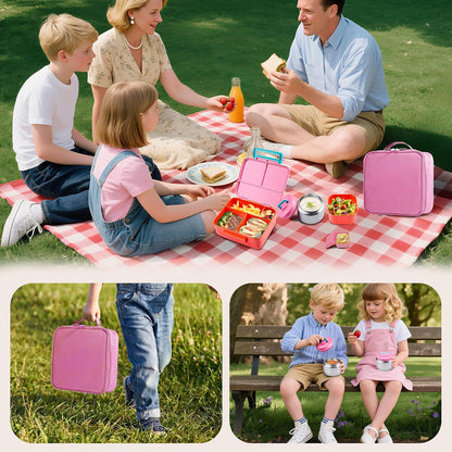 Bento Lunch Box for Kids with Thermo, Leakproof Bento Box with 8oz Insulated Food Jar, Insulated Bottle, Lunch Bag, BPA Free Dishwasher Safe 4 Compartment Container for School Girls Boys (Pink)