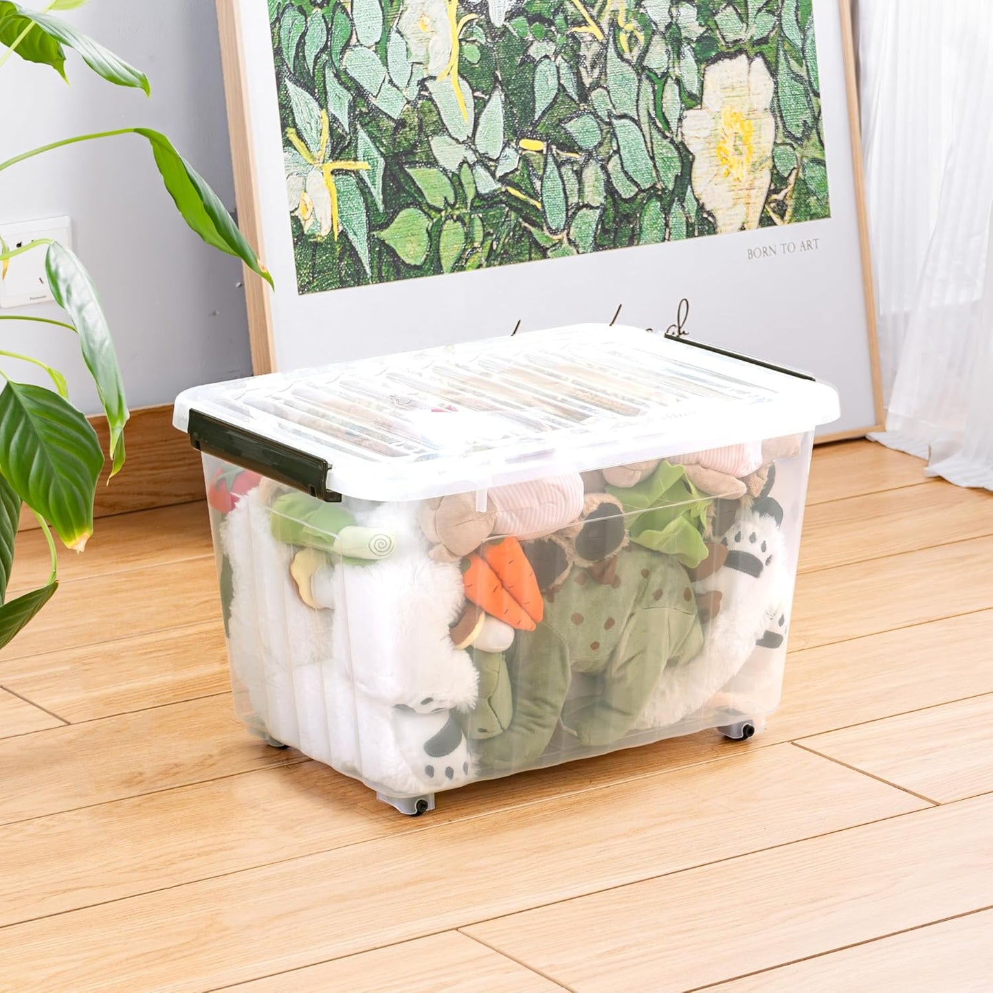 Cetomo 60Qt*6 Plastic Storage Bins, Storage Box, 6 Pack, Organizing Container with Wheels, Durable Lids and Secure Latching Buckles, Stackable and Nestable, Clear with Black Buckle