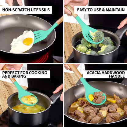Zulay Kitchen Utensils Set Non-Stick Silicone Cooking Utensils Set with Authentic Acacia Wood Handles - 5 Piece Silicone Utensil Set - Kitchen Utensils Set with 464°F Heat Resistance - Gray