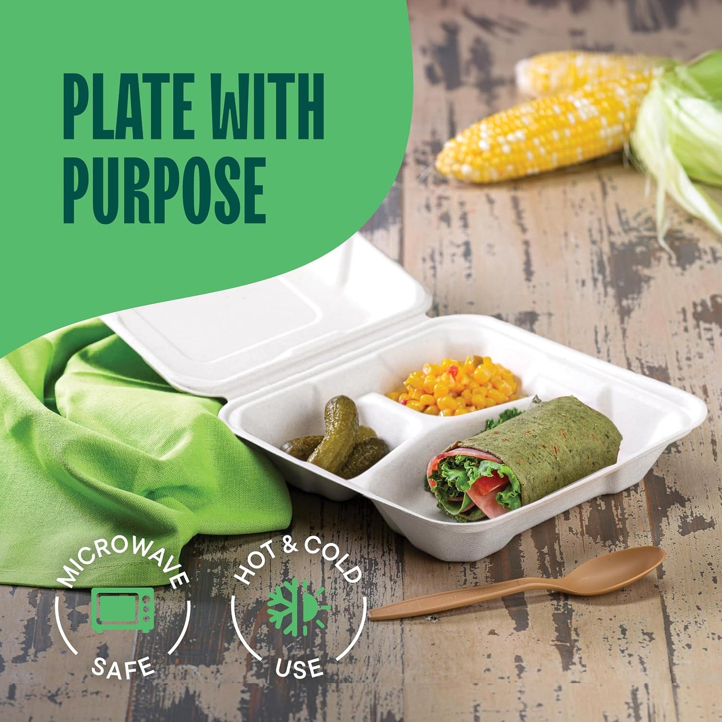 Eco-Friendly Meal Prep Containers 3 Compartment [50-Pack 8x8x3"] Disposable to go Clamshell Food Containers Secure Snap Hinged Lid, Microwave Safe Take Out Lunch Boxes, Made from Renewable Materials