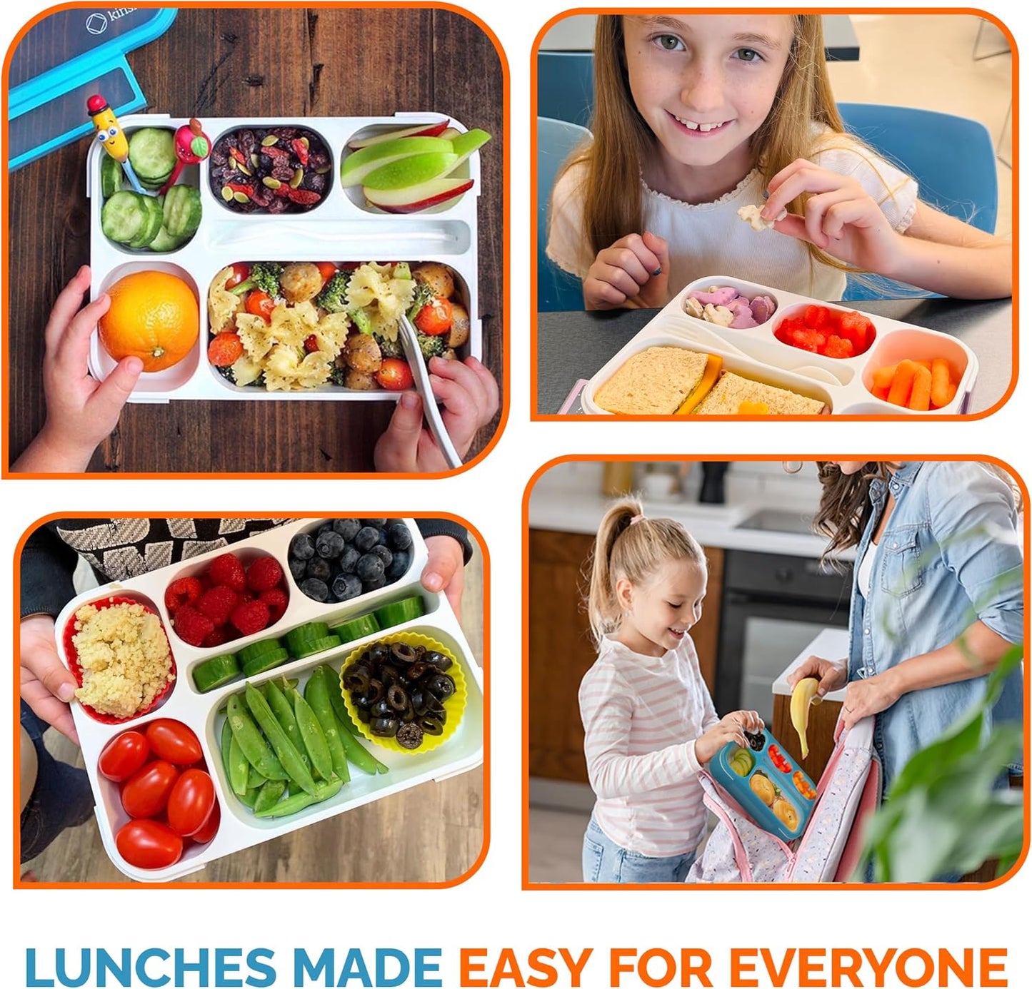 kinsho Bento Lunch-Box Set for Kids includes Snack Container | 6 and 3 Compartment Boxes Leakproof School Bentos, Meal Portion Control Containers, Boys Girls Adults, Navy Blue Large + MINI 2 Pack Set