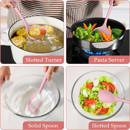 LIANYU Non-Toxic Silicone Kitchen Utensils Set, 8 Piece Non-Scratch Cooking Spoons & Spatulas, Stainless Steel Core, Heat Resistant & Dishwasher Safe, Khaki