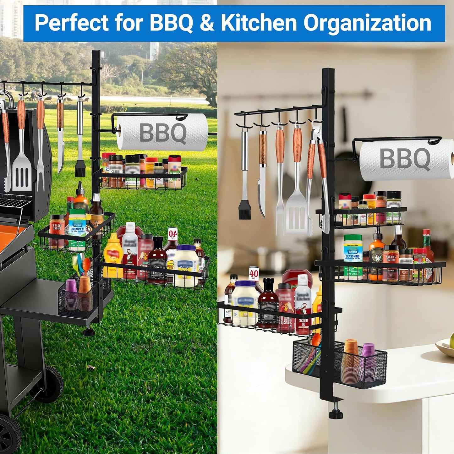 Griddle Caddy Organizer for Blackstone Griddles/Prep Cart, Grill Utensil Condiment Caddy with Paper Towel Holder, Outdoor Kitchen Grill Accessories Organizer for Camping RV Patio, Gifts for Men, Dad