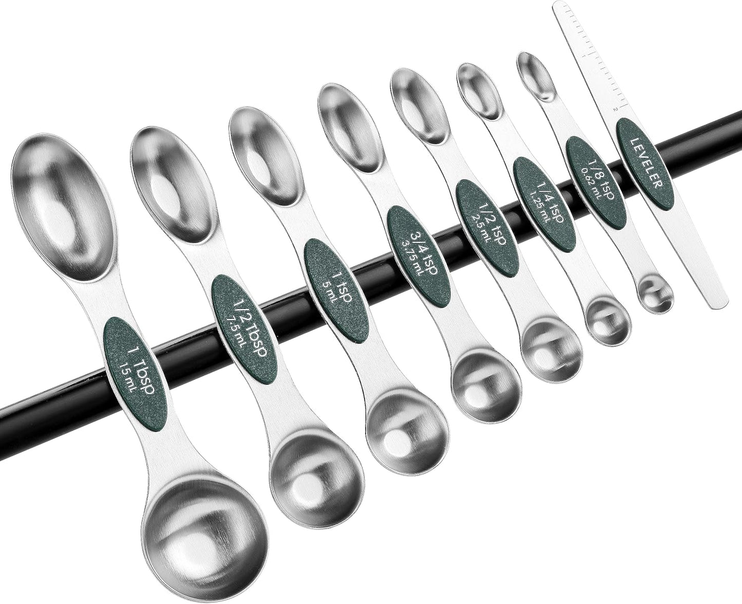 Spring Chef Stainless Steel Magnetic Measuring Spoons Set with Strong N45 Magnets, Heavy Duty Metal Kitchen Gadgets for Baking & Cooking, Fits in Most Kitchen Spice Jars, Set of 8 with Leveler, Black