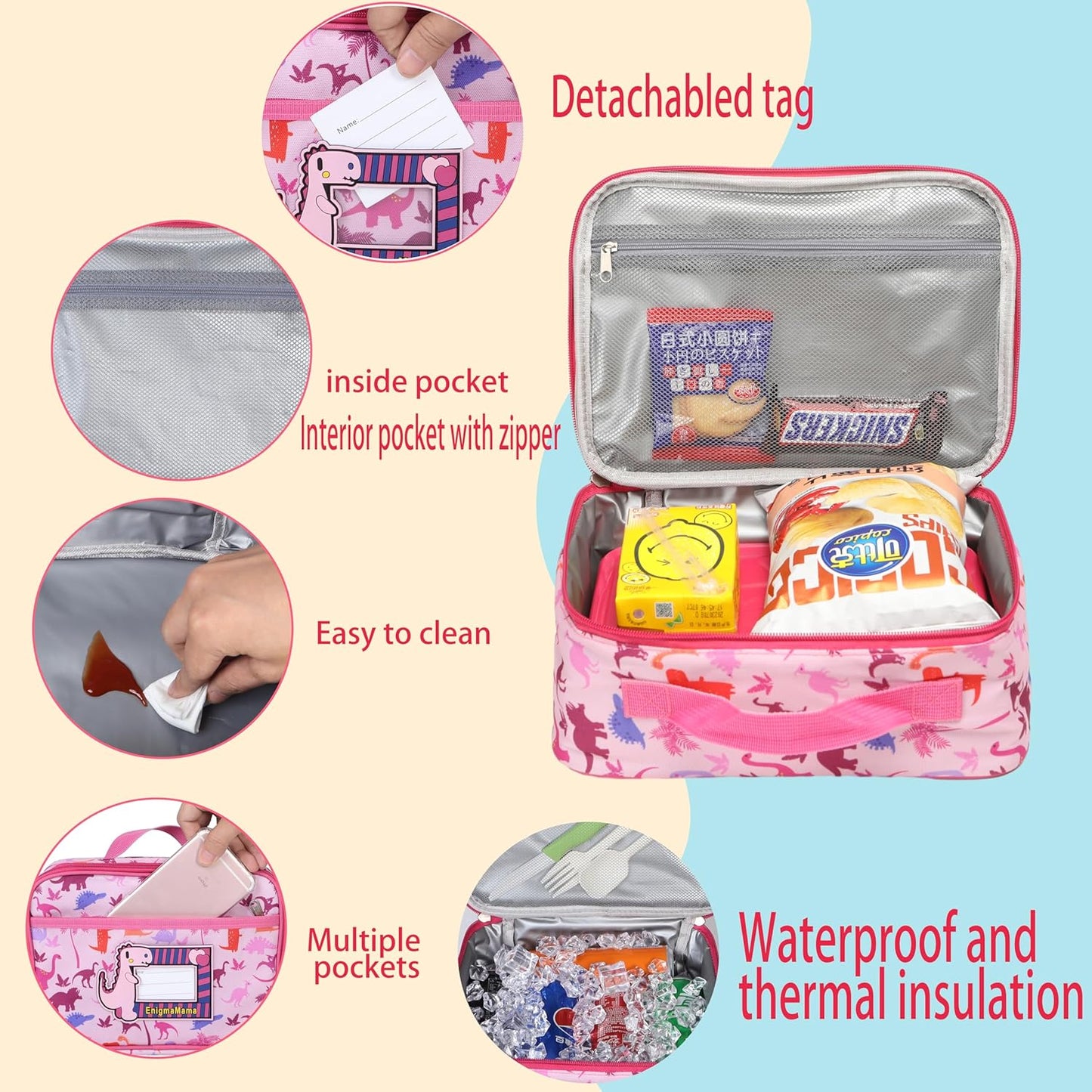 Kids Dinosaur Lunch Bag with Reusable Bento Box, Insulated & Leak-Proof Lunch Container Set with Name Tag, 6 Compartments, Fork & Spoon, Ideal for School, Travel, and Picnics (Pink Dinosaur)