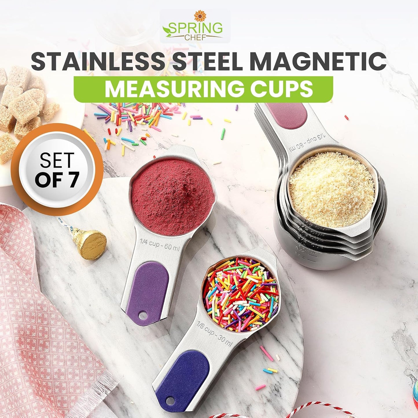 Spring Chef Stainless Steel Measuring Cups Set of 7 with Pour Spout - Nesting Kitchen Tools with Easy Read Markings to Measure Dry or Liquid Ingredients - Metal Measuring Cups for Baking & Cooking