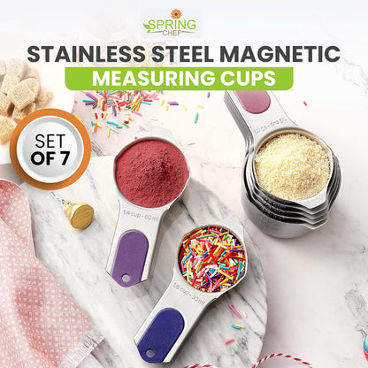 Spring Chef Stainless Steel Measuring Cups Set of 7 with Pour Spout - Nesting Kitchen Tools with Easy Read Markings to Measure Dry or Liquid Ingredients - Metal Measuring Cups for Baking & Cooking