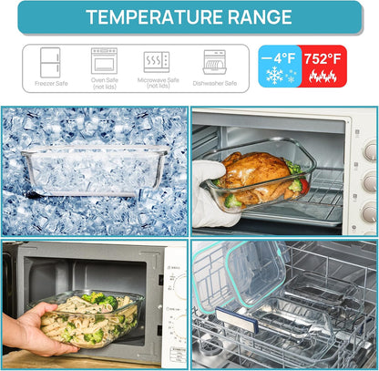 Vtopmart 2Pack 1860ml/63oz Large Glass Storage Containers with Lids, Meal Prep Food Container Set with Snap Airtight Lid for Baking, Microwave, Oven, Leak Proof, for Freezer, Dishwasher, Grey