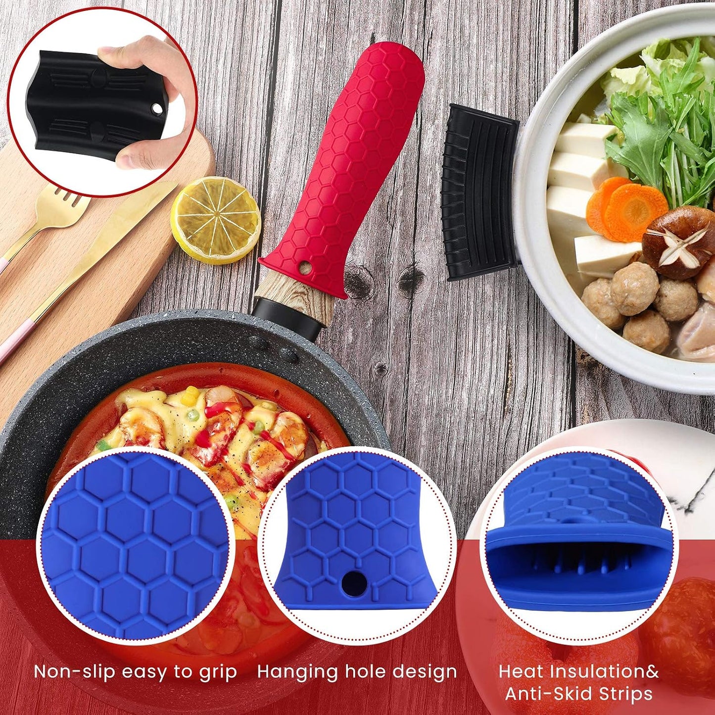 Patelai 8 Pcs Silicone Pot Holders Set Cast Iron Handle Cover Heat Resistant Pot Handle Covers Potholder Non Slip Reusable Pan Sleeve for Frying Pan Kitchen Supplies(Black)
