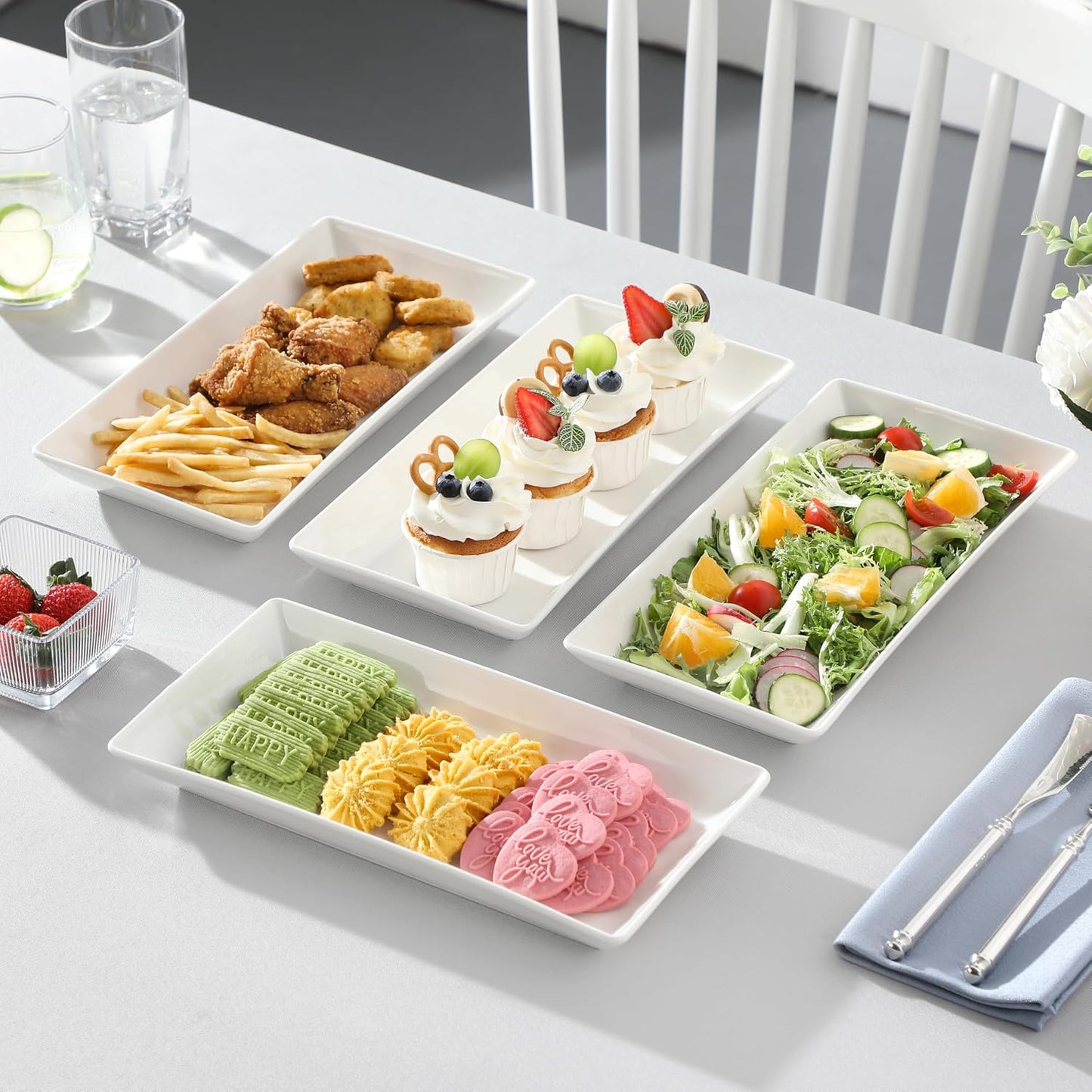 MALACASA Serving Platters Set of 4, Ceramic Serving Platters and Trays for Serving Food, Rectangular Serving Trays for Party, Large Serving Plates, Party Serving Trays and Platters - 14 Inch, White