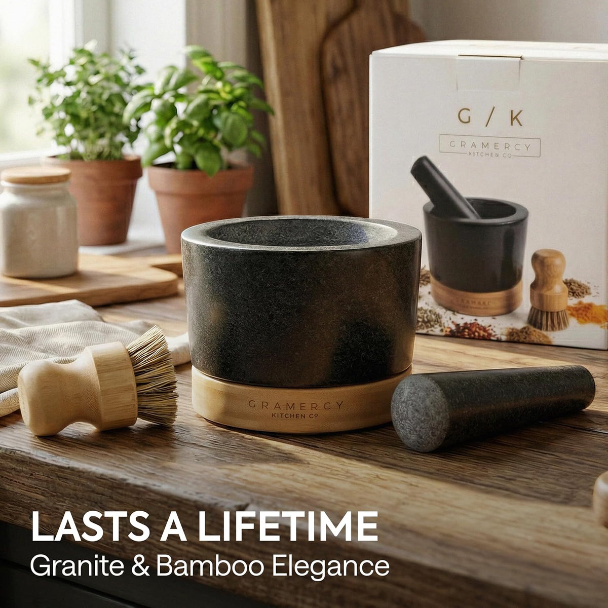 Gramercy Granite Mortar and Pestle Set, Stone Grinder Bowl with Bamboo Base