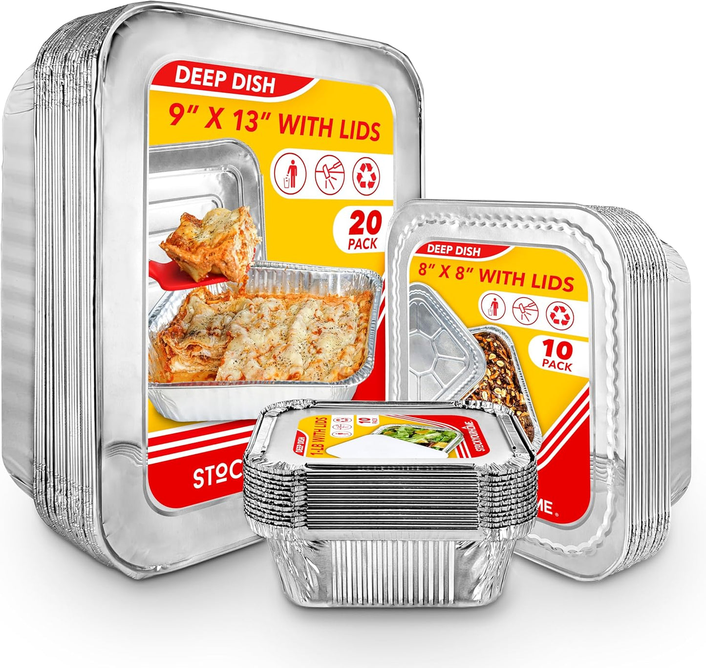 Stock Your Home 9x13 Aluminum Trays with Lids (10 Pack) – Disposable Half Size Deep Pans for Cooking, Storage, BBQ, Grilling, Catering