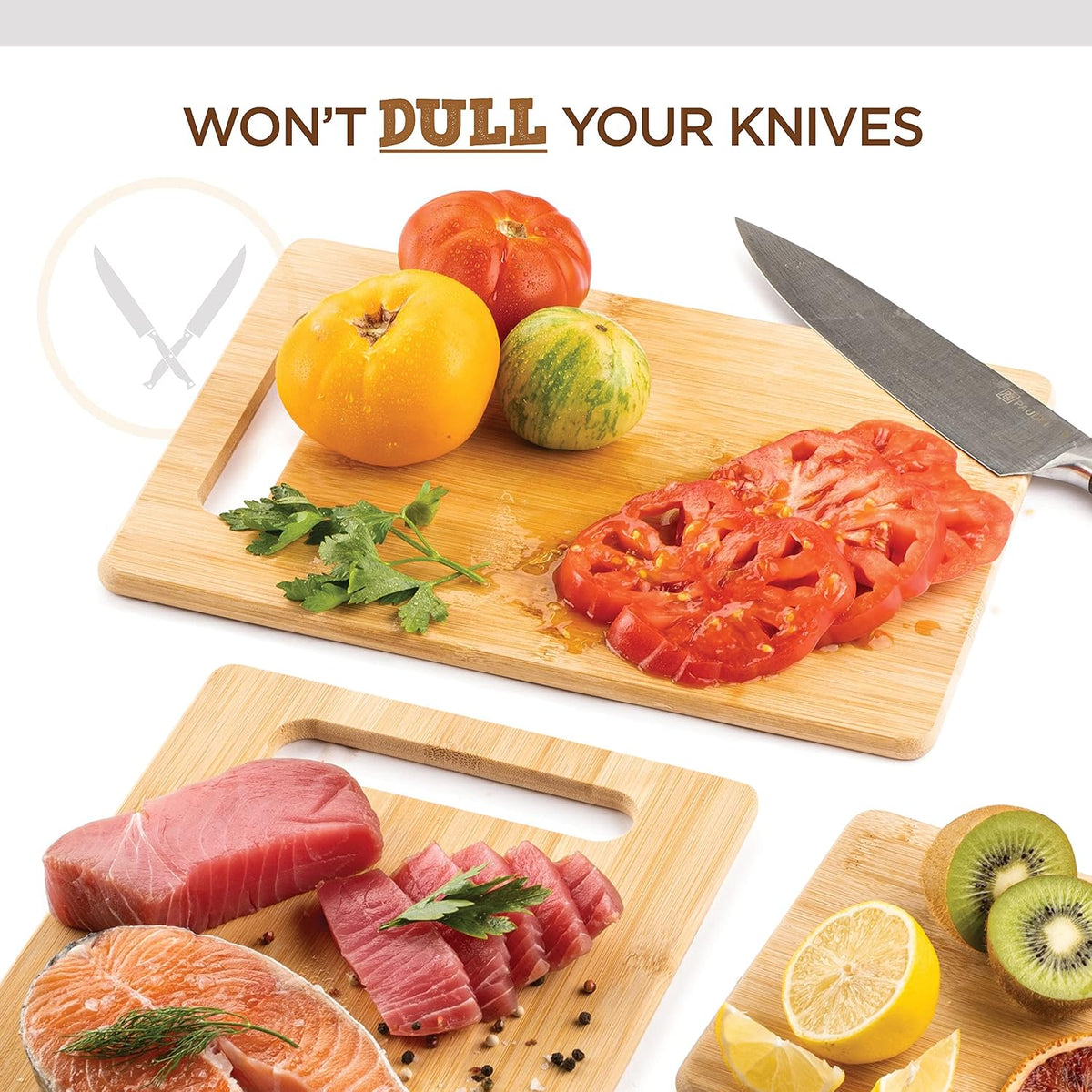 Bamboo Cutting Board Set of 3, Reversible Wood Cutting Boards for Kitchen