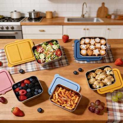 4-Pack Stainless Steel Snack Containers with Silicone Lids, 20oz Leakproof Food Storage Meal Prep Containers Reusable Metal Bento Lunch Snackle Box Container for Travel, Picnics, Office