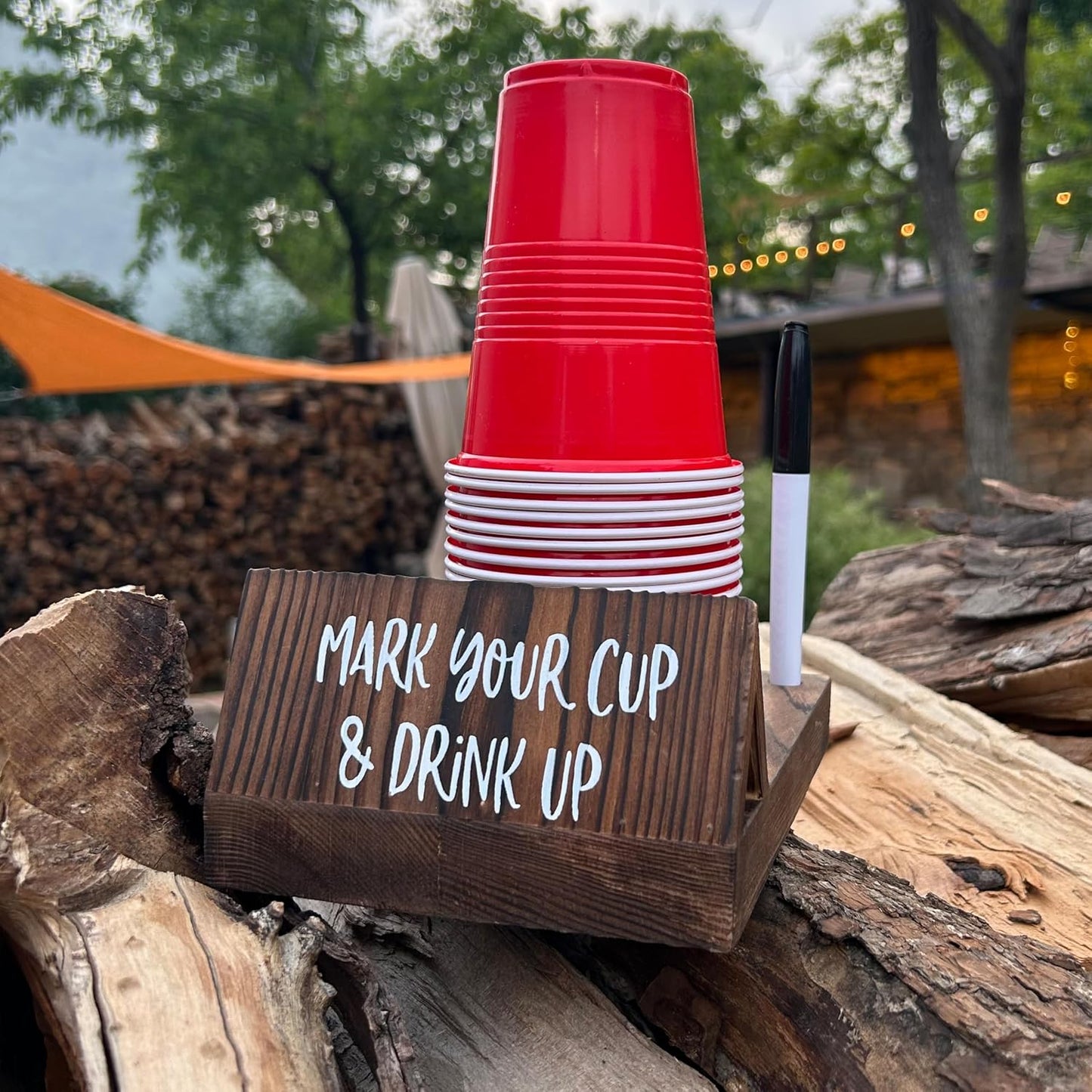 Wooden Brown Party Cup Holder with Marker Slot | Mark Your Cup and Drink Up Cup Holder |Hosting Party Essentials |Disposable Mug Dispenser for Birthday, BBQ, Holiday Events,Housewarming Gift (Brown)