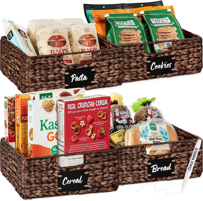 Best Choice Products Set of 4 9x12in Water Hyacinth Pantry Baskets, Woven Organizers w/Chalkboard Label, Chalk Marker - Natural