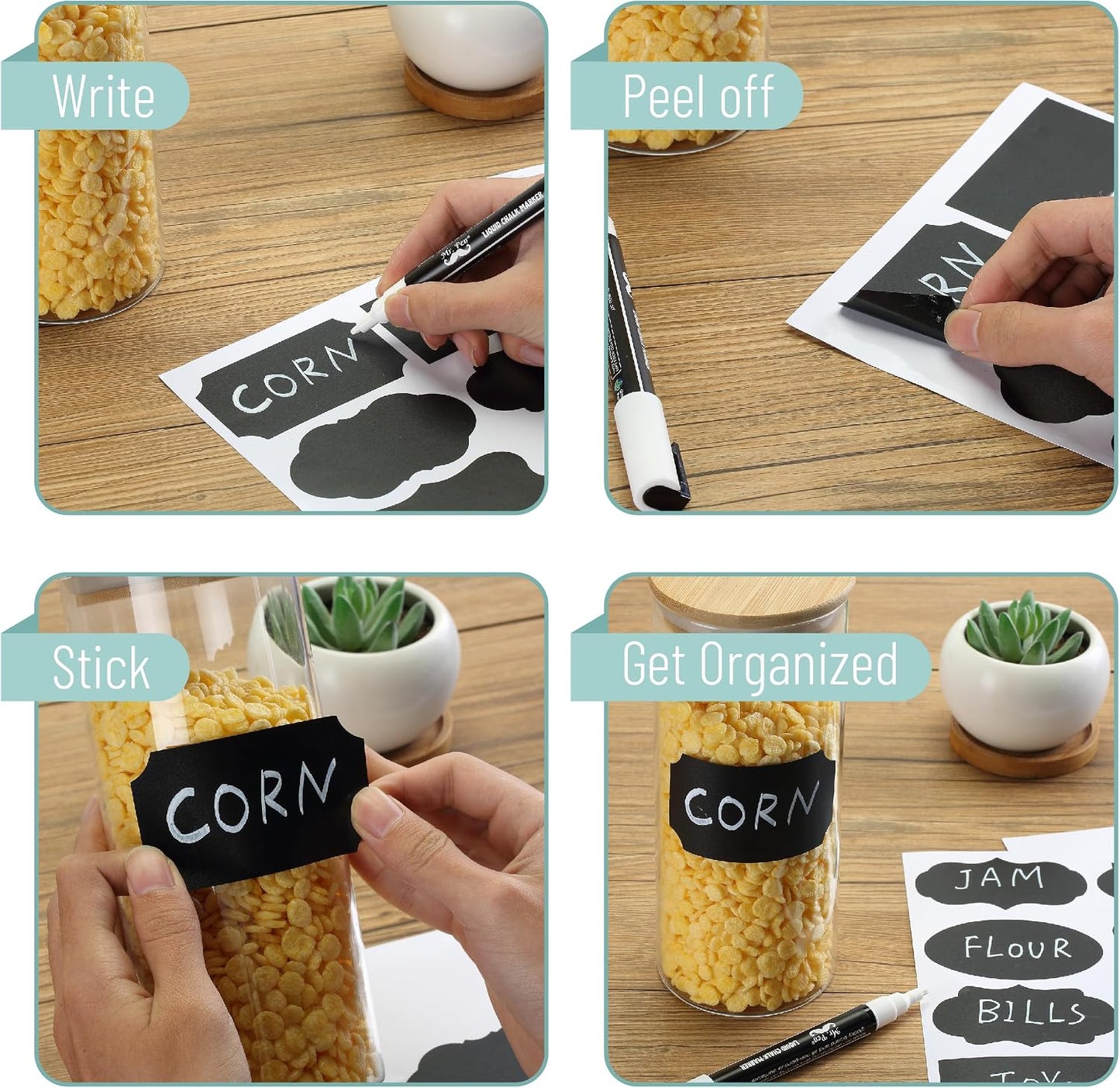 Mr. Pen- Chalkboard Labels, 100 pcs, Assorted Shapes | Waterproof Reusable Blackboard Stickers with 1 Erasable Liquid Chalk Marker for Mason Jars