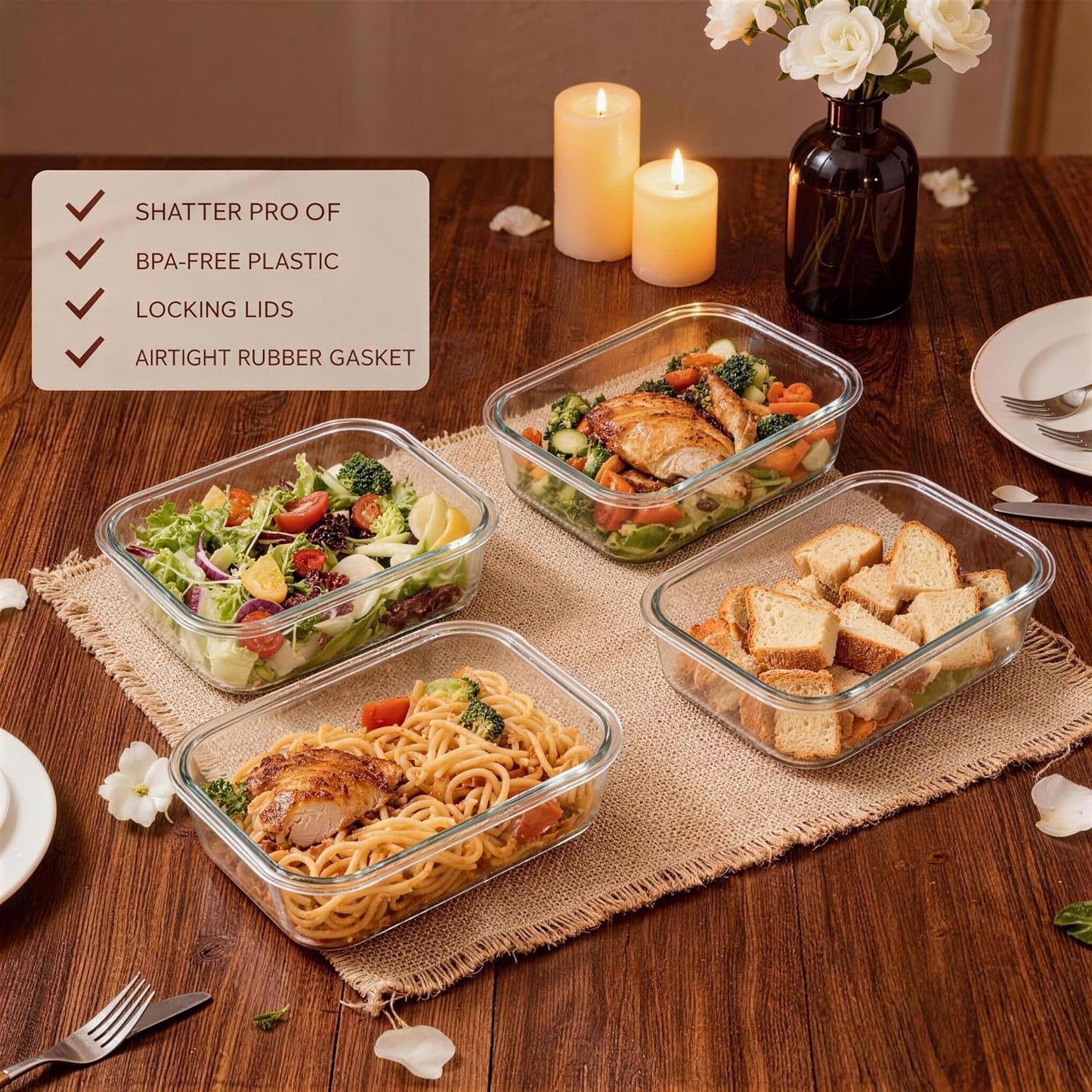 Glass Meal Prep Containers 5 Pack - Lunch Boxes with Leakproof Lids, Food Storage Containers, Bento Boxes, Gray (3 Compartment)