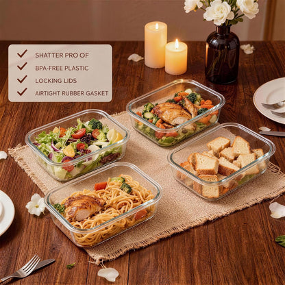 Glass Meal Prep Containers 5 Pack - Lunch Boxes with Leakproof Lids, Food Storage Containers, Bento Boxes, Gray (3 Compartment)