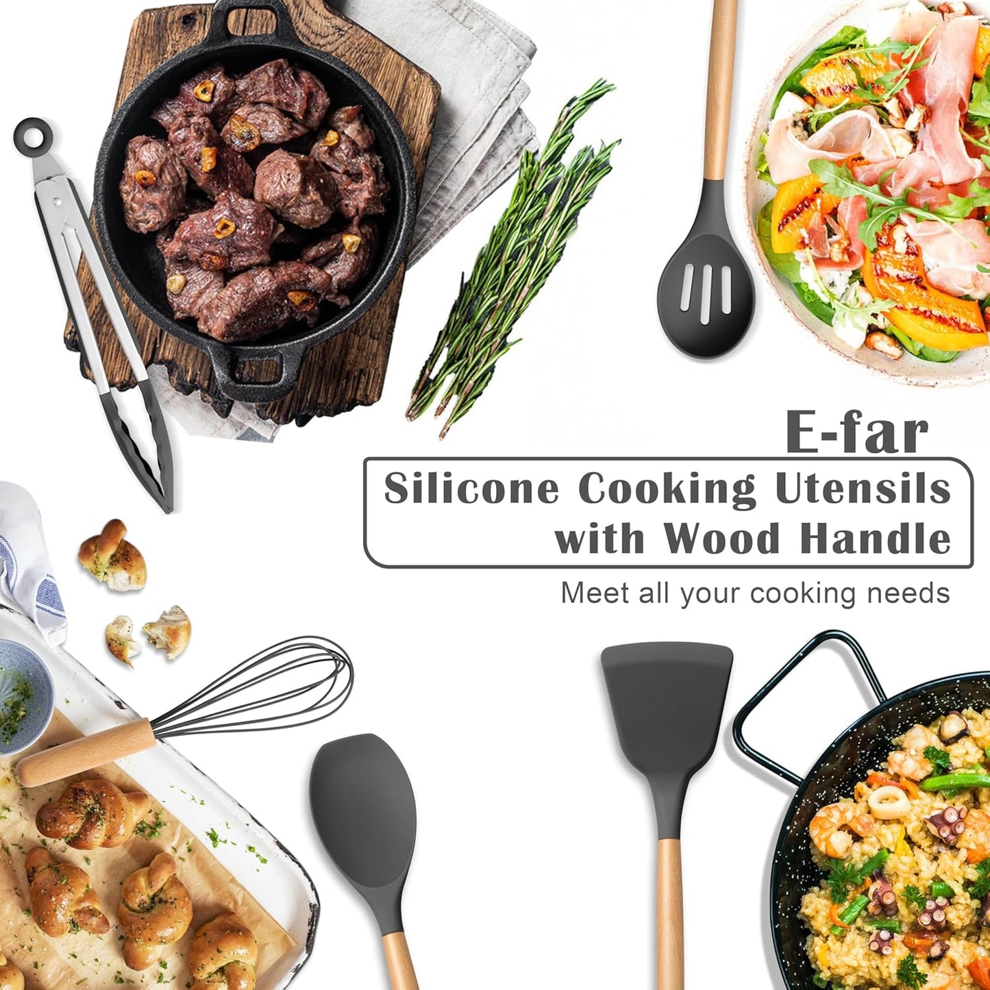 E-far Silicone Cooking Utensils Set, 5-Piece Kitchen Utensils Set with Wooden Handle for Cooking, Silicone Kitchen Nonstick Tools Spatula Turner Slotted Spoons, Nontoxic & Heat Resistant-Khaki