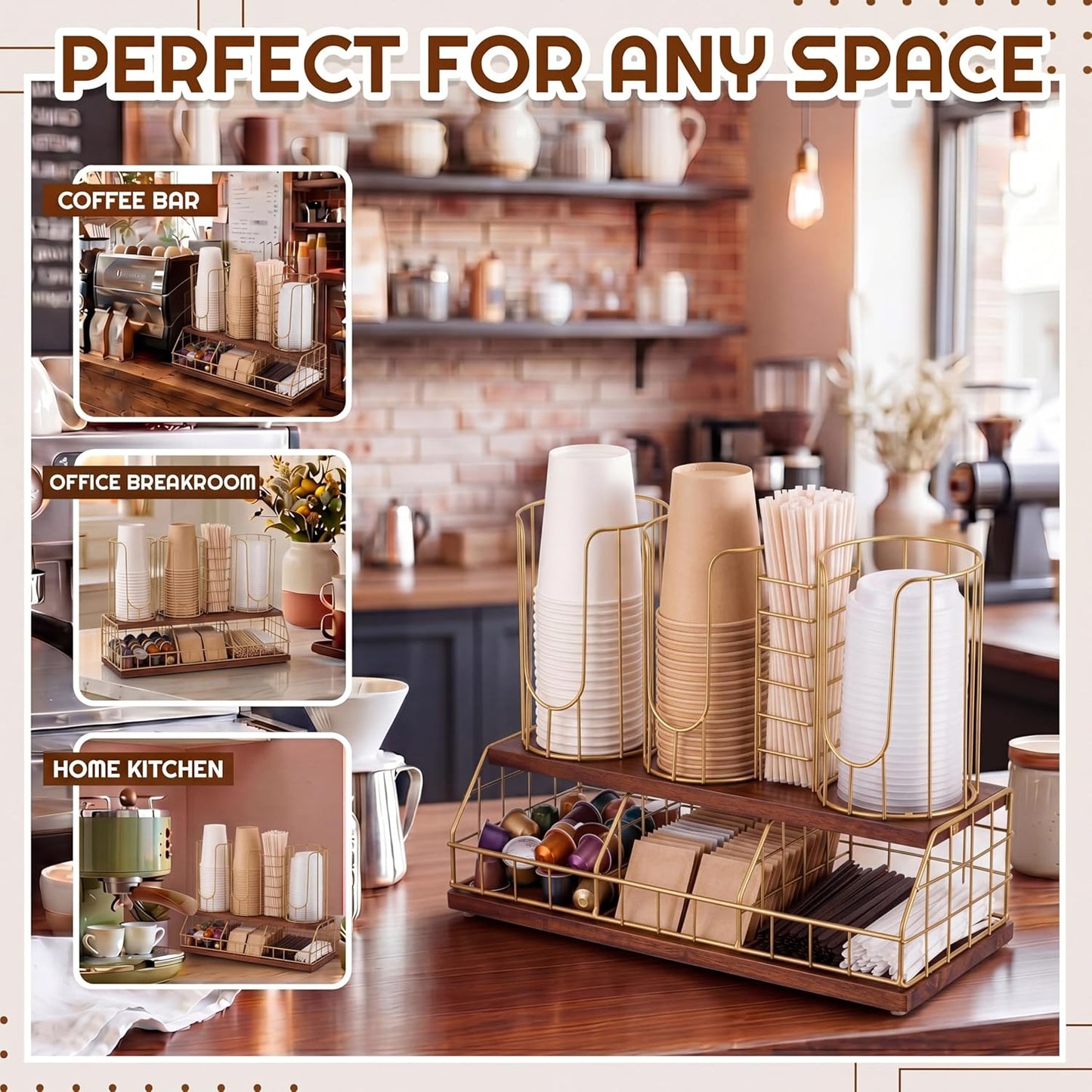 Geelin 18oz Adjustable Coffee Cup Dispenser with Wooden Base, Cup and Lid Holder, Cups Holder Organizer for Coffee Pod Straw and Lid Storage(2-compartment Single,Color 2)