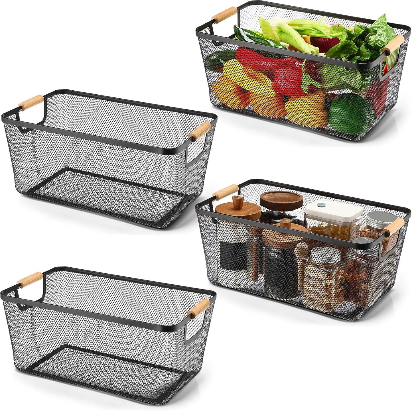 Ziliny 4 Pcs Metal Mesh Wire Baskets with Wooden Handles for Organizing, Pantry Organizers and Storage Steel Bin Kitchen Baskets for Fruit Potato Onion Snacks Bathroom Cabinet(Medium,Cream White)