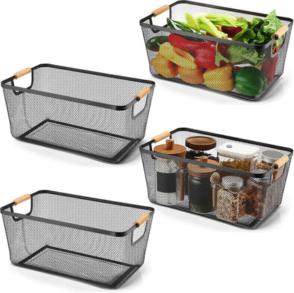 Ziliny 4 Pcs Metal Mesh Wire Baskets with Wooden Handles for Organizing, Pantry Organizers and Storage Steel Bin Kitchen Baskets for Fruit Potato Onion Snacks Bathroom Cabinet(Medium,Cream White)