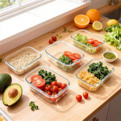 Glass Meal Prep Containers 5 Pack - Lunch Boxes with Leakproof Lids, Food Storage Containers, Bento Boxes, Gray (3 Compartment)
