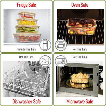 Set of 4 Stackable Space-Saving Nesting Glass Bowls with Airtight Acacia Lids for Lunch, Meal & Food Prep - Microwave & Oven-ready BPA Free Durable Heat Resistant Inert Borosilicate Glass