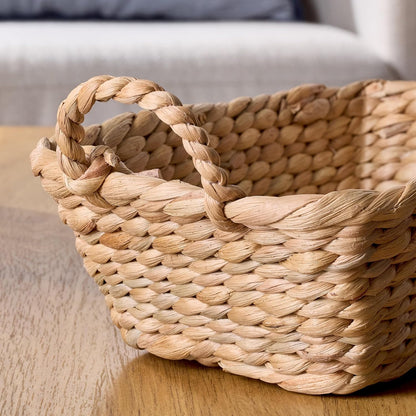 Handwoven water hyacinth basket with a loop handle, 3.9 inches, ideal for pantries, shelving, and home decor