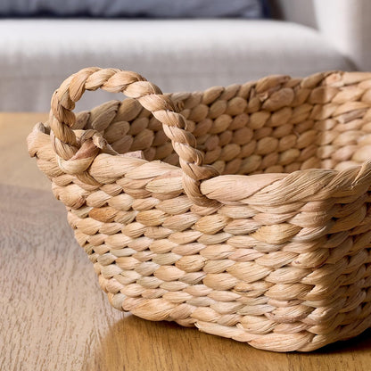 Handwoven water hyacinth basket with a loop handle, 3.9 inches, ideal for pantries, shelving, and home decor