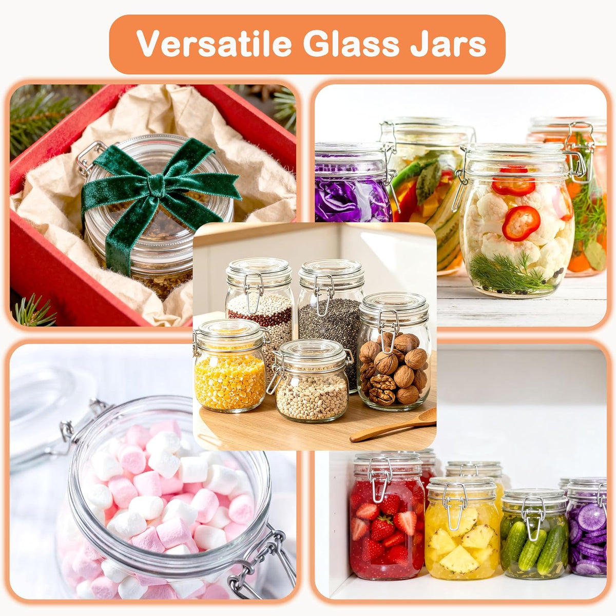 Glass Containers With Lids 16 Oz Wide Mouth Airtight Jars With Locking Lids 2 Pack Food Storage Canisters For Pantry Fridge Kitchen Rubber Sealed Glass Jars For Cereal, Oats, Sugar, Flour,Nuts,Candy