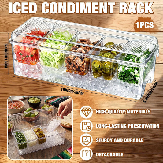 Sliner Taco Bar Serving Set for Party, Ice Chilled Condiment Caddy with 5 Containers, 50 Paper Food Trays, Scoop Spoons Clip, Fruit Salad Chilled Tray for Taco Mimosa Bar Party Beach Picnic Outdoor