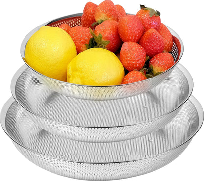 Premium 18/8 304 Stainless Steel Micro-Perforated Small and Big Colander Set of 4 with rings - 3.5-5.5-7.5-9.5 Quart Set, Self-Draining Solid Base for Pasta, Fruits, Vegetables