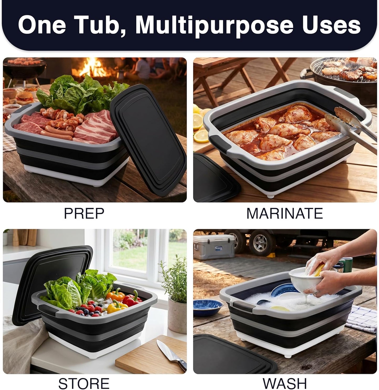 BBQ Prep Tub 16L, Collapsible Cutting Board with Meat Rest Blanket and Chicken Claws, Perfect Meat Prep Tub for Marinating, Shredding, and Grilling, All in One BBQ Accessories for Outing & Picnic