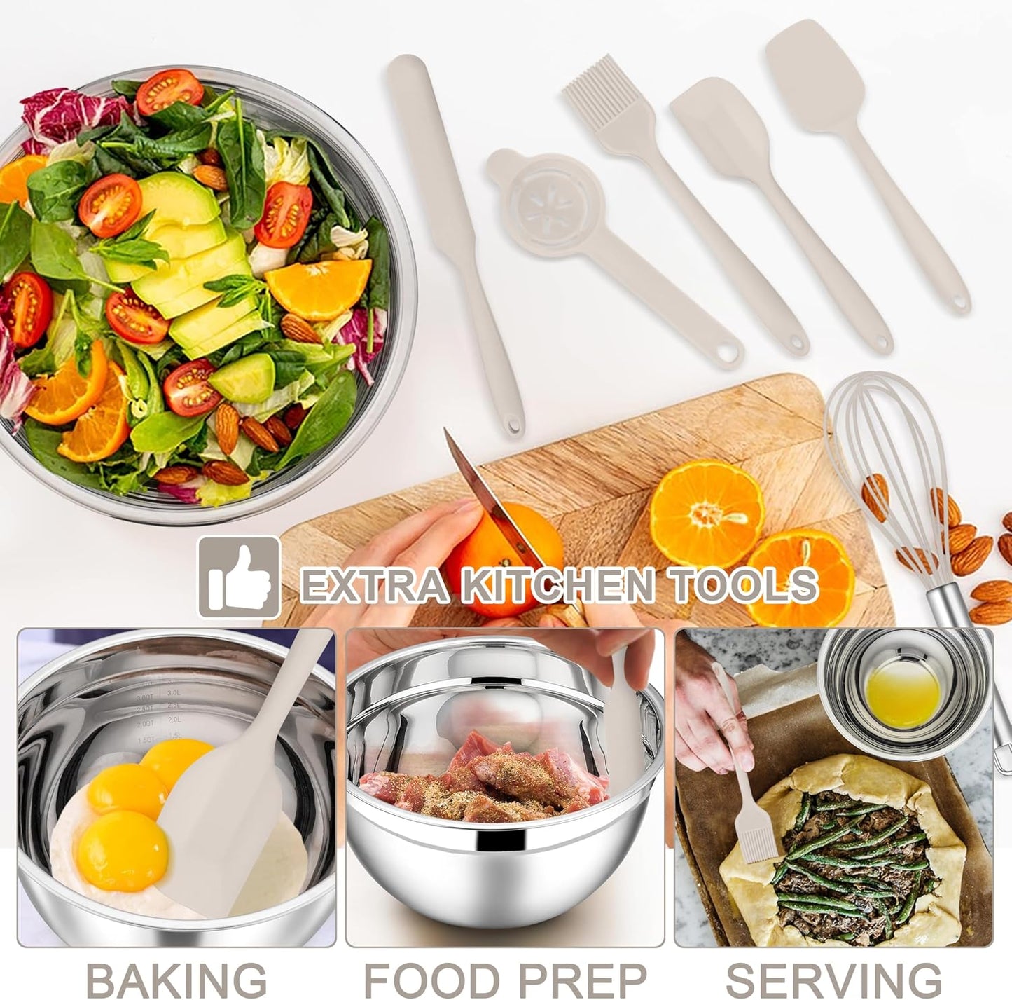 E-far Stainless Steel Mixing Bowls with Lids Set, 5-Piece Nesting Salad Bowls with 3 Grater Attachments and Non-Slip Bottoms, Size 4.6, 2.6, 2, 1.5, 1QT for Kitchen (Khaki)