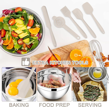 E-far Stainless Steel Mixing Bowls with Lids Set, 5-Piece Nesting Salad Bowls with 3 Grater Attachments and Non-Slip Bottoms, Size 4.6, 2.6, 2, 1.5, 1QT for Kitchen (Khaki)