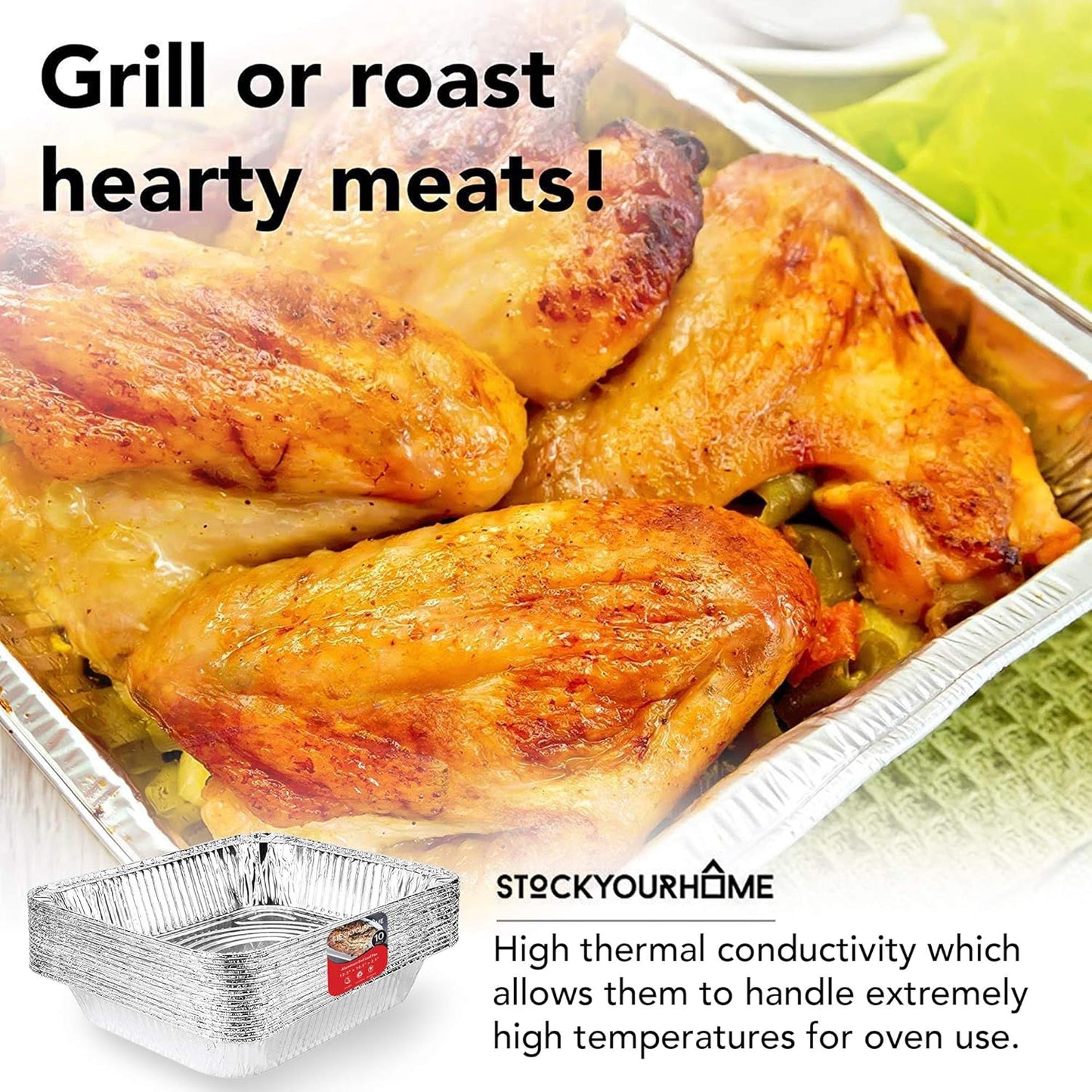 Stock Your Home 9x13 Aluminum Trays with Lids (10 Pack) – Disposable Half Size Deep Pans for Cooking, Storage, BBQ, Grilling, Catering