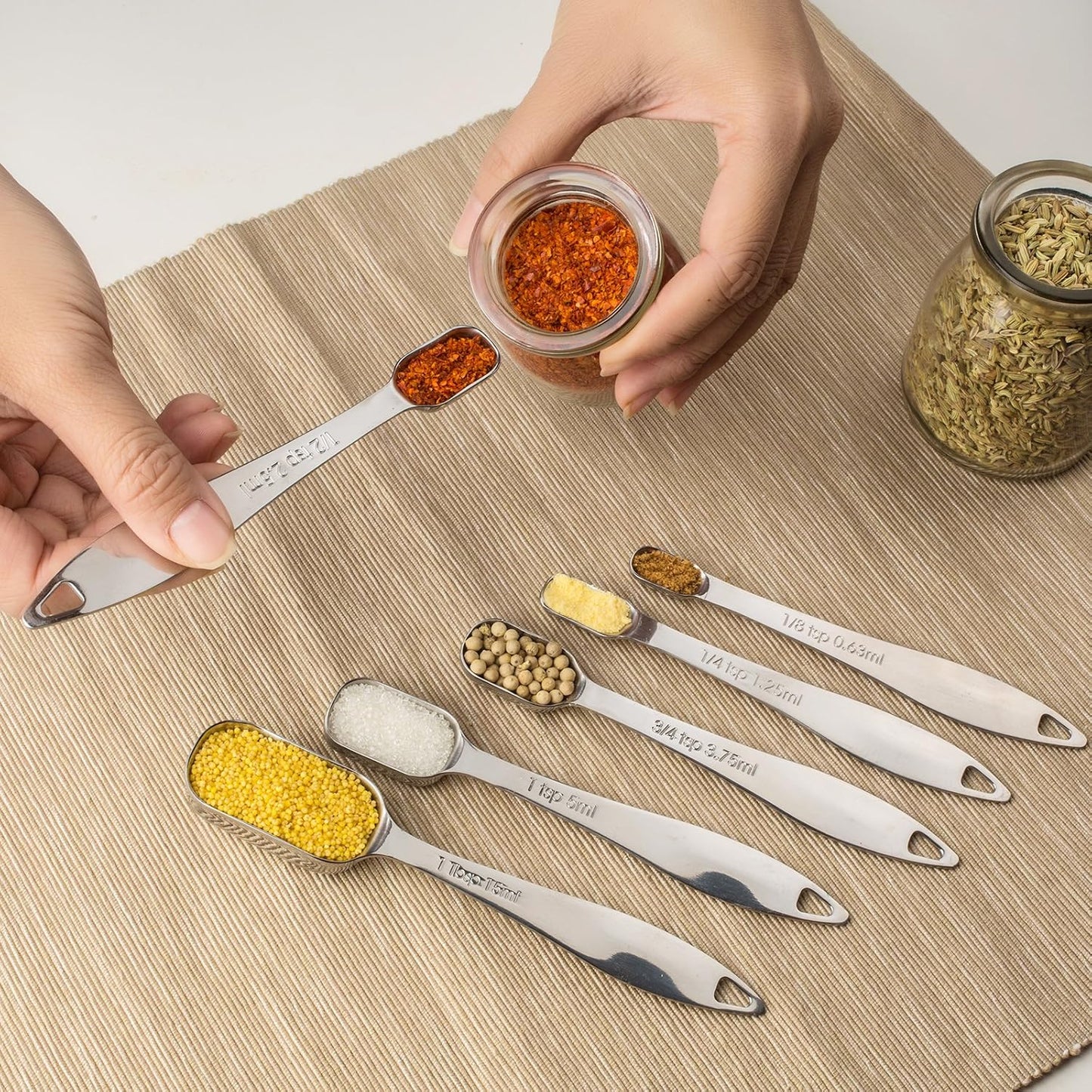 13-piece Measuring Cups and Spoons Set, 18/8 Stainless Steel Heavy Duty Ergonomic Handle with Ring Connector, Silver