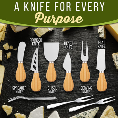 NutriChef Organic Bamboo Cheese & Charcuterie Board Set, Extra Large Serving Platter with Stainless Steel Knives, Fork and Condiment Cup – Ideal for Kitchen, Parties & Gifting